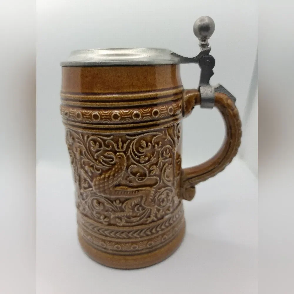 Vintage Collectible Brown West German Beer Stein Mug With Lid 6.5”